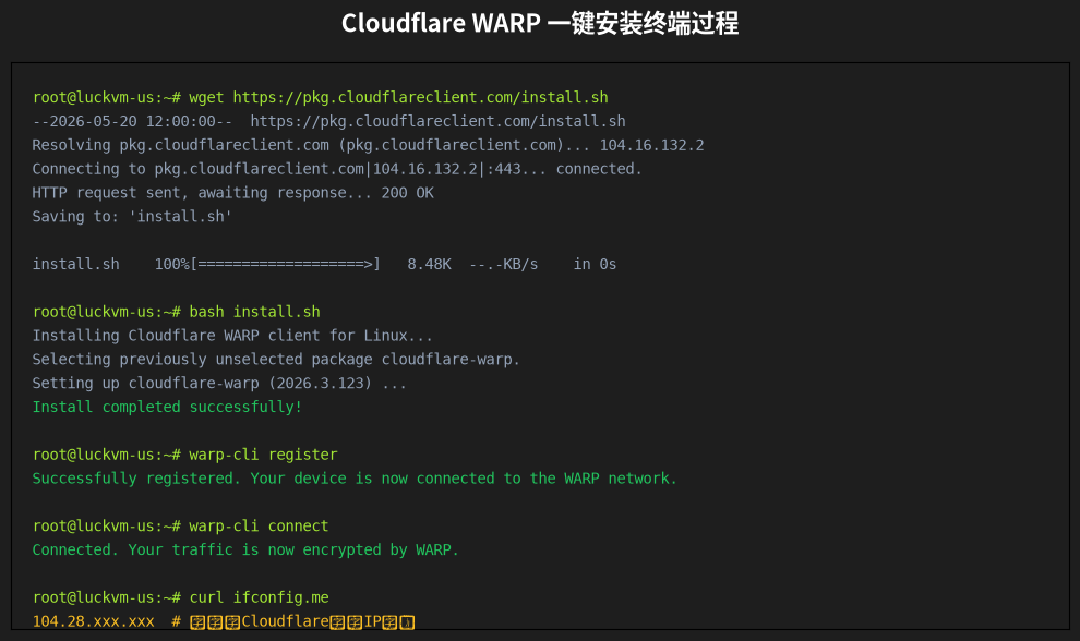 Cloudflare WARP 一键安装终端过程